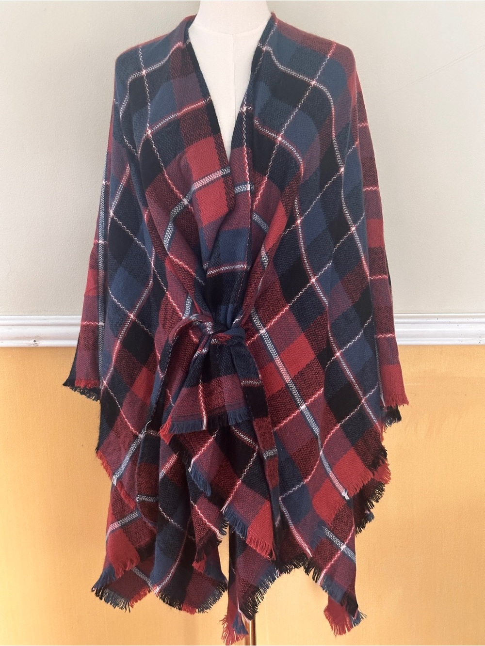 David and Young Red & Navy Plaid Fringe Wrap